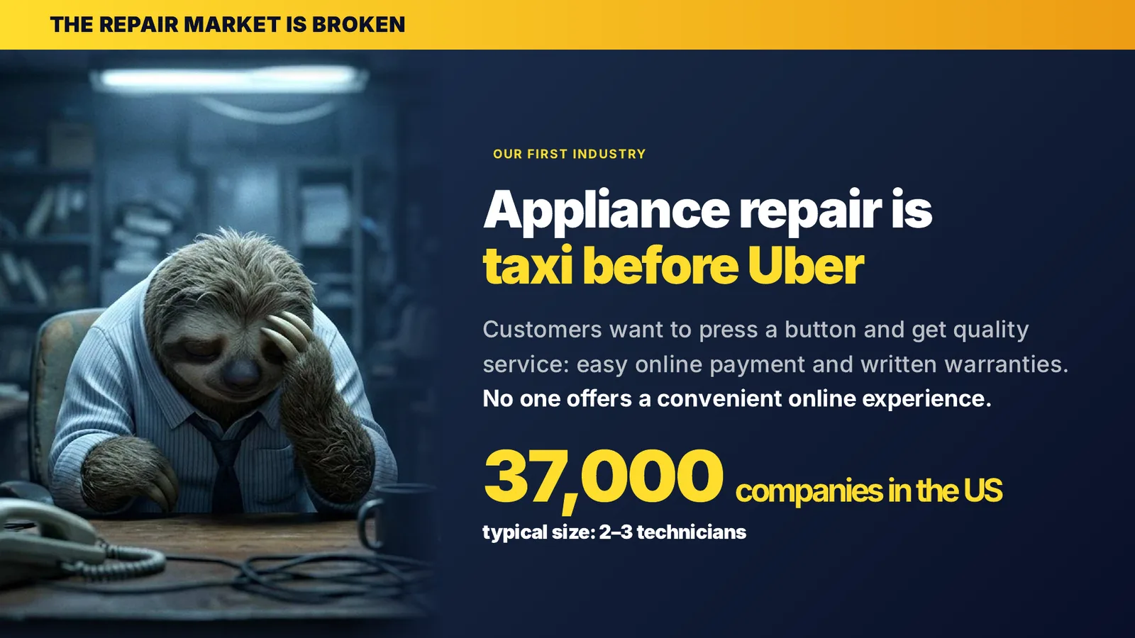 Slide 2 — the repair market is broken: appliance repair is taxi before Uber, 37,000 US companies of 2–3 technicians