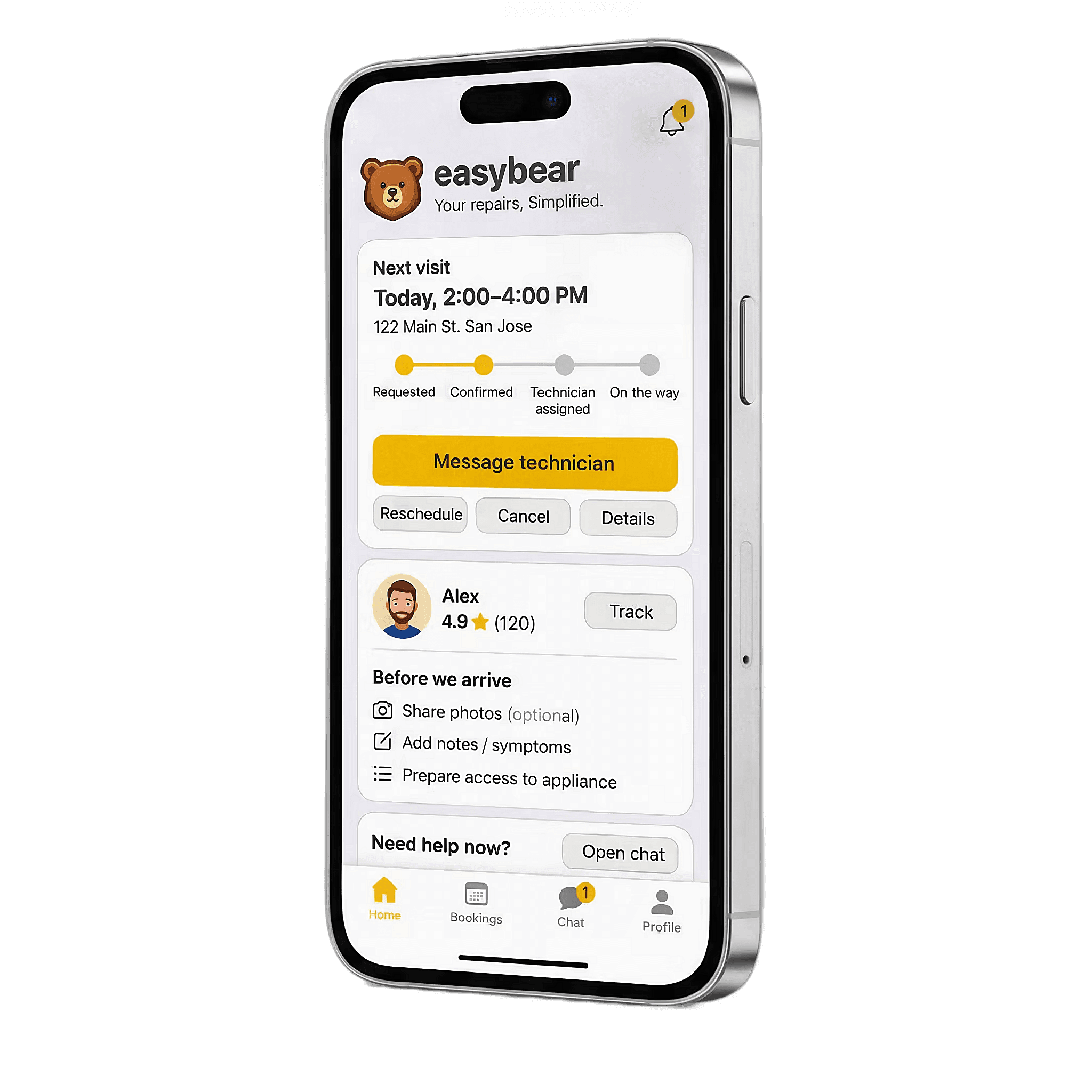 EasyBear appliance repair booking app showing same-day service availability