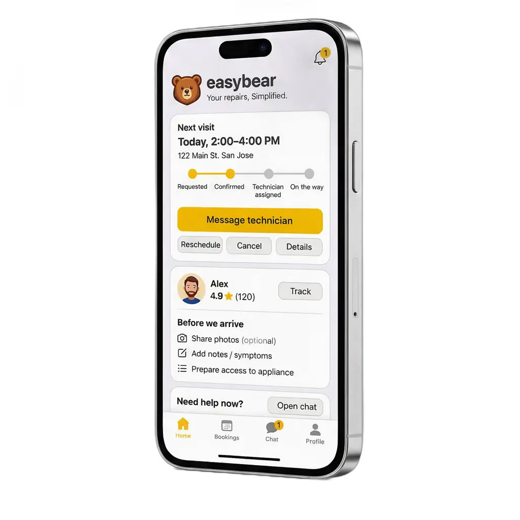 EasyBear appliance repair booking app showing same-day service availability